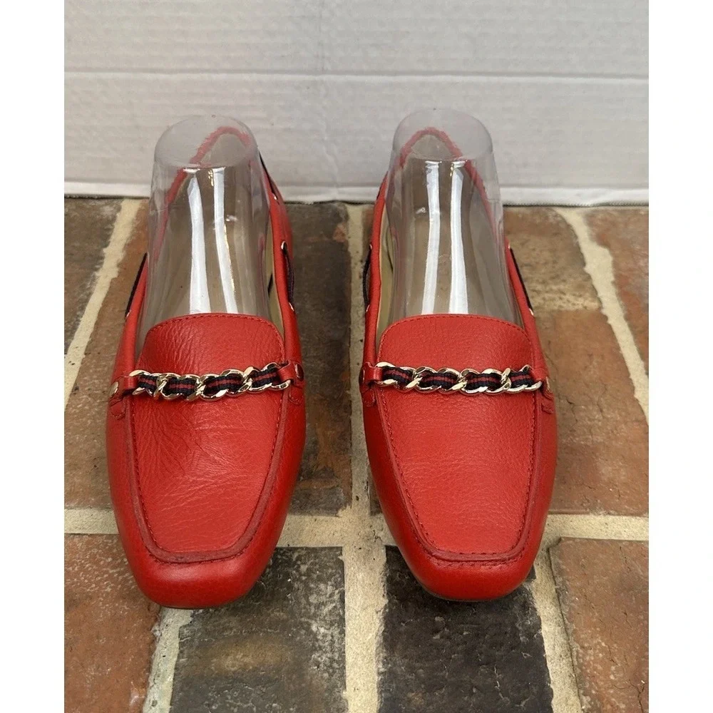 Talbots Red Leather Driving Moccasin Ribbon Chain Detail Loafer Shoes Women 9.5